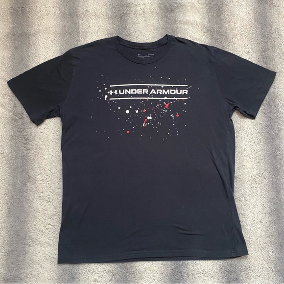 Under Armour Men's XL Black T-Shirt White & Red Splatter Paint Graphic - Picture 1 of 7